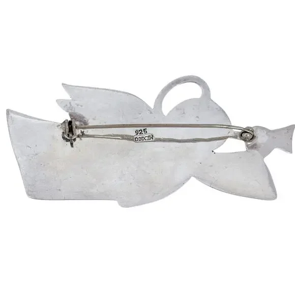 Estate Mexico Sterling Silver 925 Trumpeting Angel Brooch Pin - Picture 4 of 7